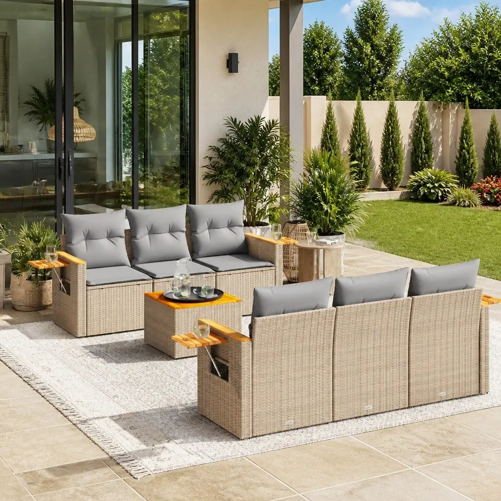 7 Piece Garden Sofa Set Outdoor Furniture Cushioned Modular Beige PE Rattan