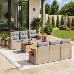 7 Piece Garden Sofa Set Outdoor Furniture Beige Cushioned Patio Lounge Chat Set