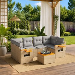 Garden Sofa Set 7 Piece Outdoor Furniture Patio Beige Poly Rattan with Cushions