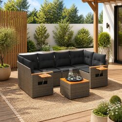Garden Sofa Set 7 Piece Outdoor Furniture Grey Poly Rattan Patio Lounge Cushions