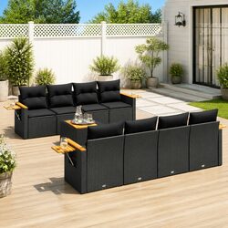 Garden Sofa Set 9 Piece Outdoor Patio Furniture with Cushions Black Poly Rattan