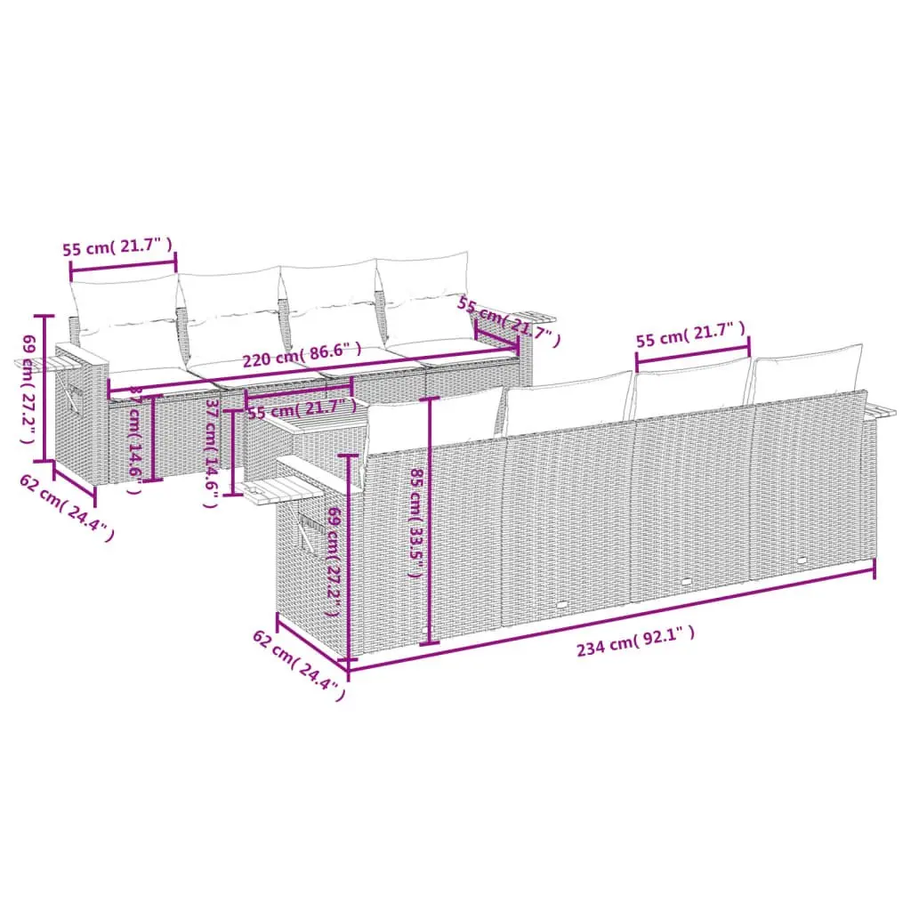 Garden Sofa Set 9 Piece Outdoor Furniture Patio Beige Poly Rattan with Cushions