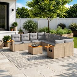 Outdoor Garden Sofa Set 9 Piece Patio Furniture Modular Beige Poly Rattan