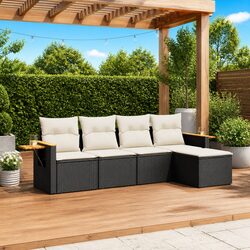 5 Piece Garden Sofa Set with Cushions Black Poly Rattan Outdoor Patio Furniture