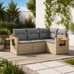 Garden Sofa Set 4 Piece Outdoor Furniture Patio Beige Poly Rattan with Cushions