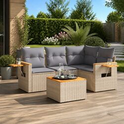 Garden Sofa Set 5 Piece Outdoor Furniture Beige Poly Rattan Patio Conversation