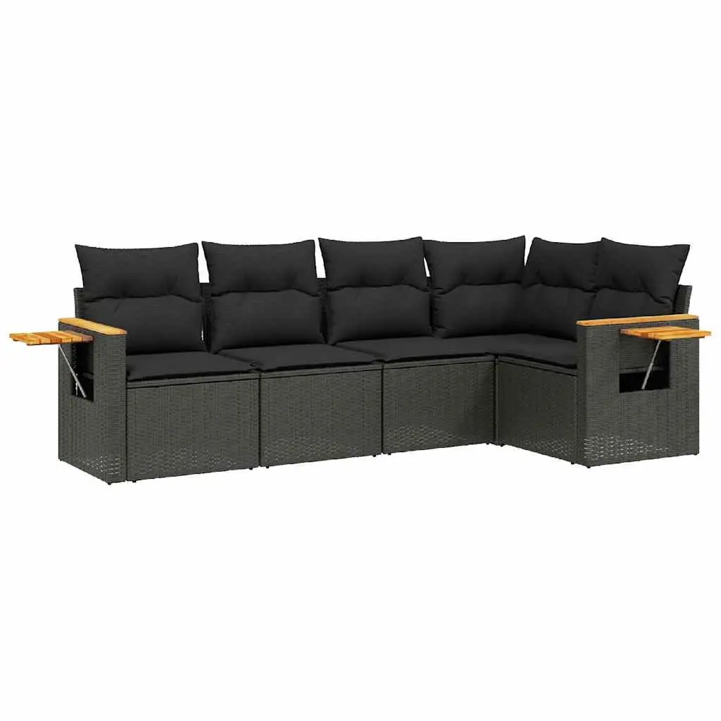 5 Piece Garden Sofa Set Outdoor Furniture Black Poly Rattan with Cushions Patio