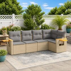 Garden Sofa Set 5 Piece Outdoor Furniture Patio Beige Poly Rattan with Cushions