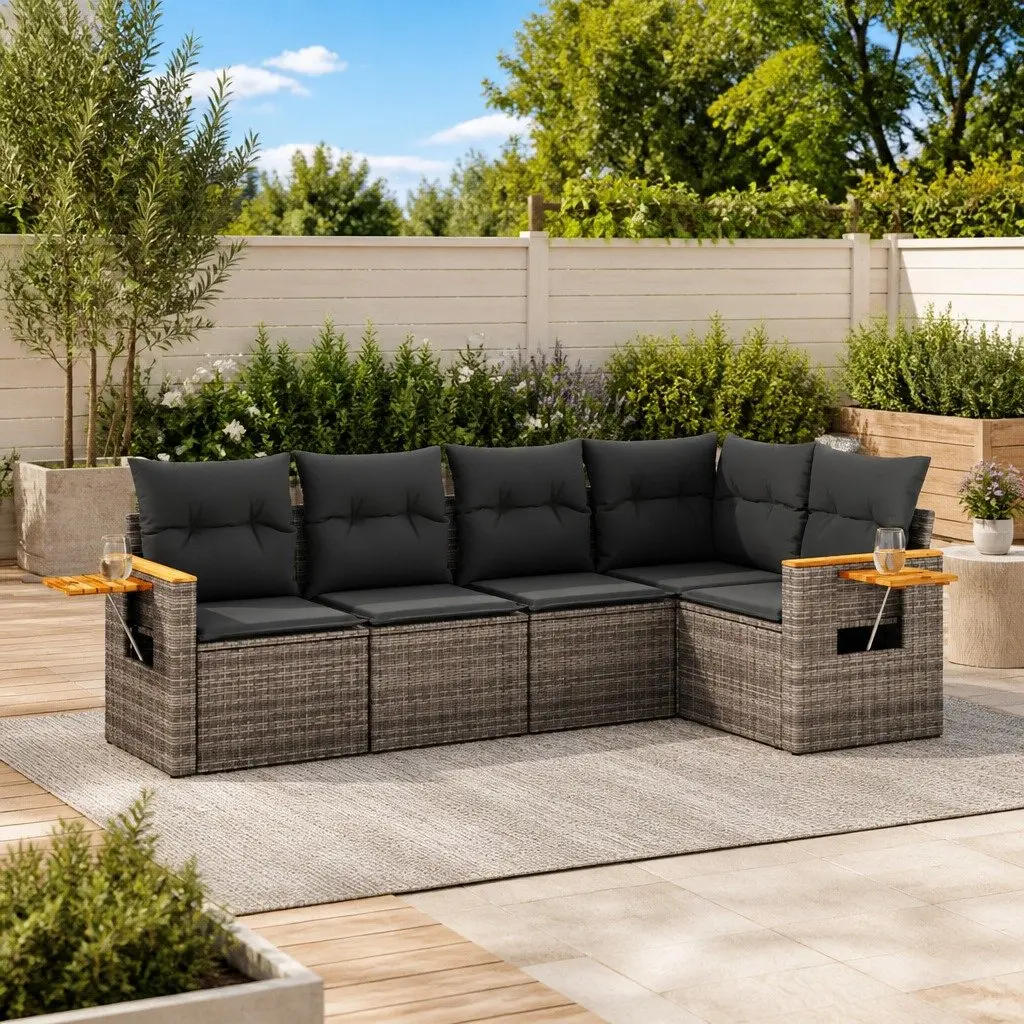 5 Piece Outdoor Garden Sofa Set Grey Poly Rattan Furniture Patio Lounge Cushions