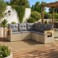 5 Piece Garden Sofa Set Outdoor Patio Furniture Beige Poly Rattan with Cushions