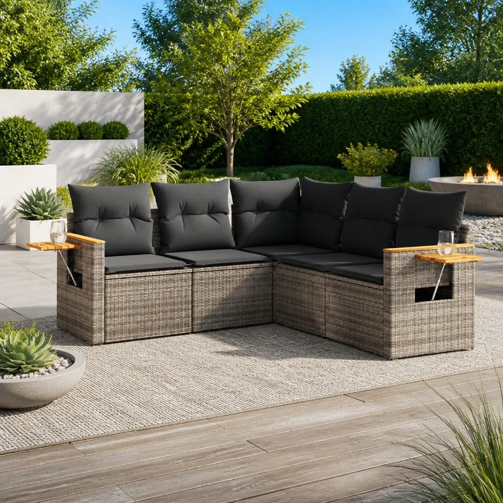 5 Piece Garden Sofa Set with Cushions Grey Poly Rattan Outdoor Furniture Patio