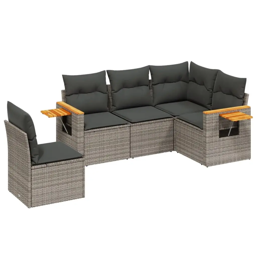 5 Piece Garden Sofa Set Outdoor Furniture Grey Poly Rattan with Cushions Patio