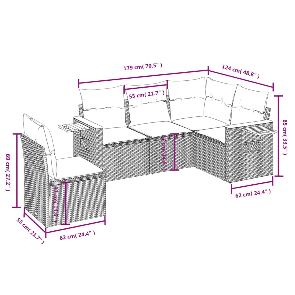 5 Piece Garden Sofa Set Outdoor Furniture Grey Poly Rattan with Cushions Patio