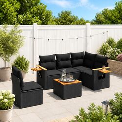 6 Piece Outdoor Garden Sofa Set with Cushions Black Poly Rattan Patio Furniture