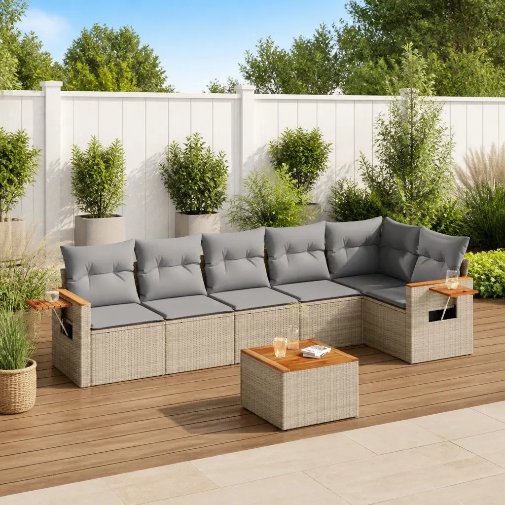 7 Piece Garden Sofa Set Outdoor Patio Furniture with Cushions Beige Poly Rattan