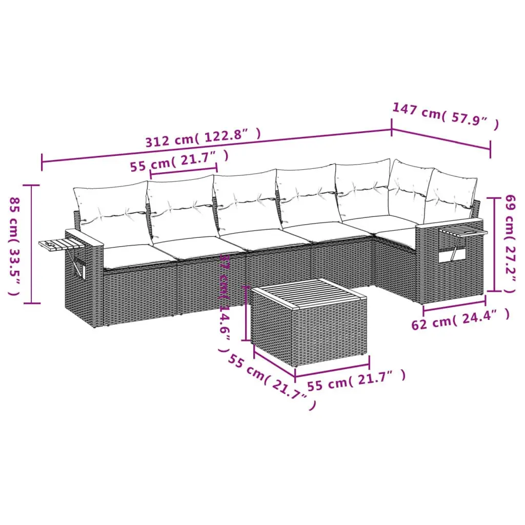 7 Piece Garden Sofa Set Outdoor Patio Furniture with Cushions Beige Poly Rattan