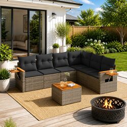 7 Piece Garden Sofa Set Outdoor Patio Furniture with Cushions Grey Poly Rattan