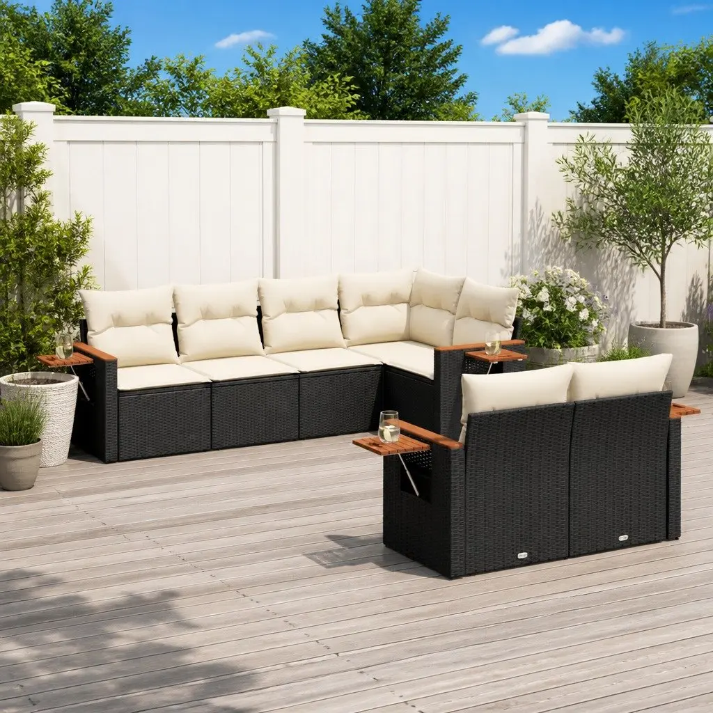 Garden Sofa Set 7 Piece Outdoor Furniture Black PE Rattan with Cushions