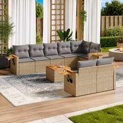9 Piece Outdoor Garden Sofa Set with Cushions Beige Poly Rattan Patio Furniture