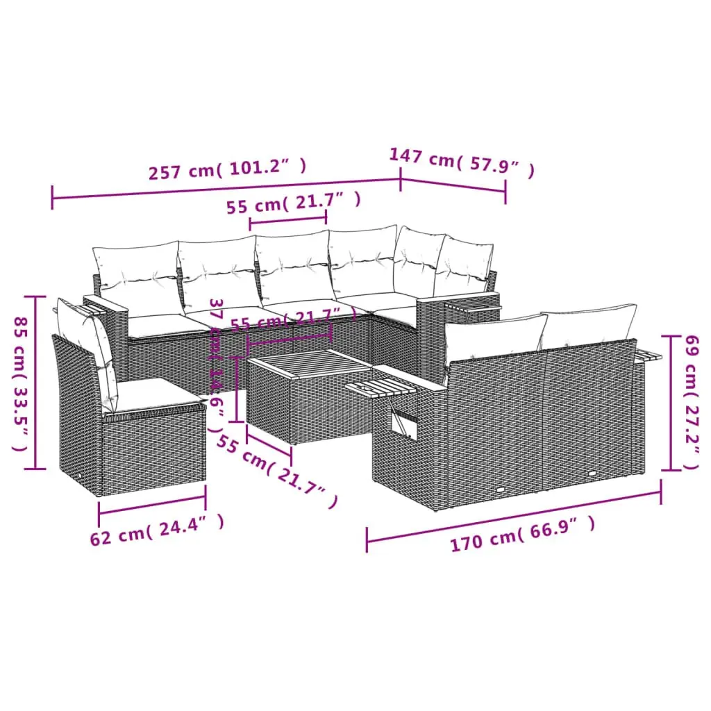 Garden Sofa Set 9 Piece Outdoor Furniture Grey Poly Rattan Patio Sectional