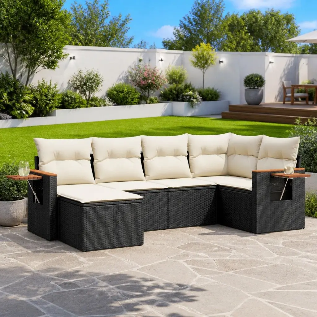 6 Piece Outdoor Garden Sofa Set Black Poly Rattan Furniture with Cushions