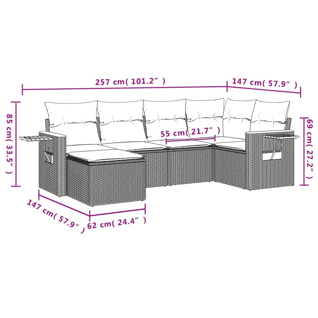 6 Piece Outdoor Garden Sofa Set Black Poly Rattan Furniture with Cushions