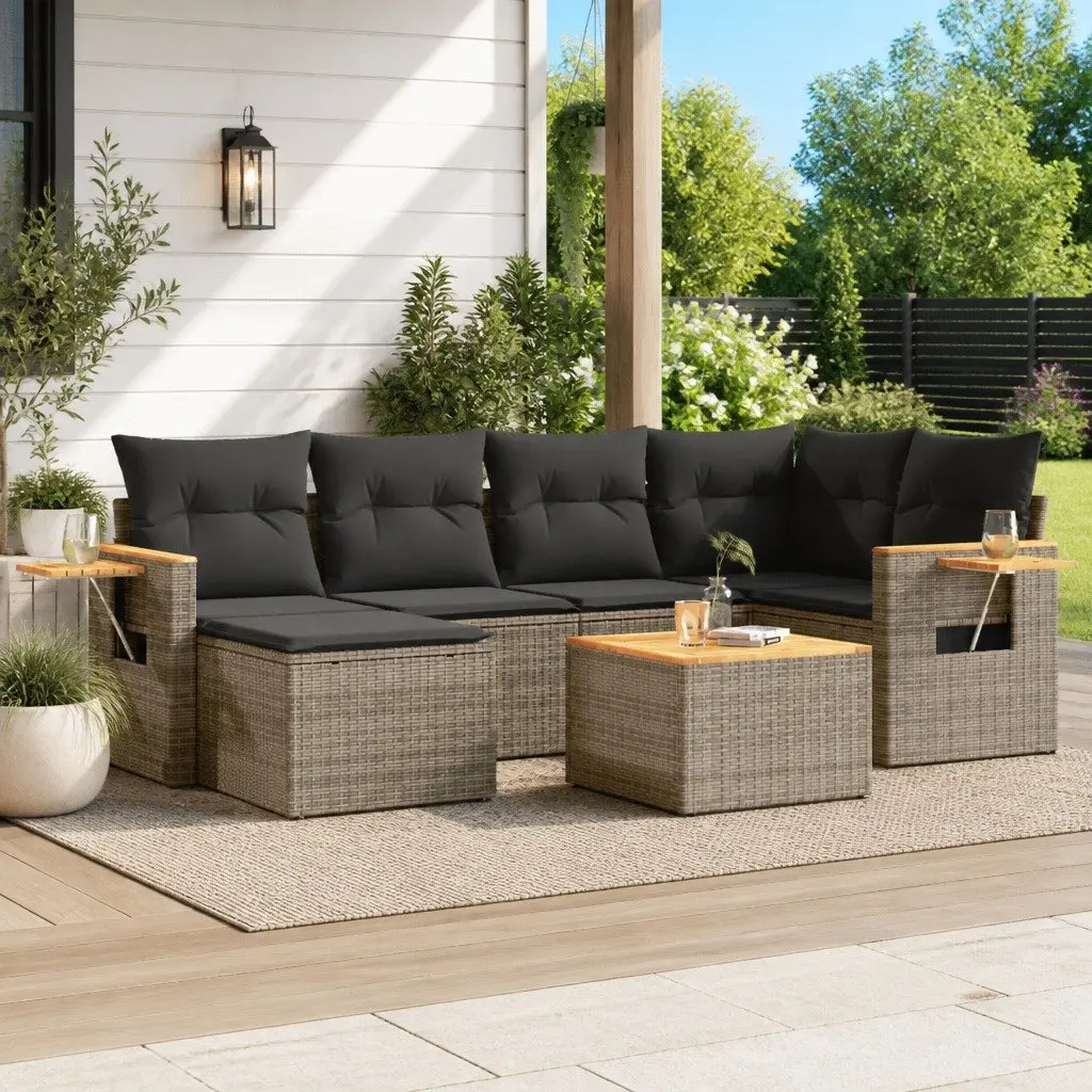 7 Piece Garden Sofa Set with Cushions Grey Poly Rattan Outdoor Patio Furniture