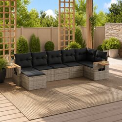 7 Piece Garden Sofa Set Grey Poly Rattan Outdoor Furniture Patio Lounge Cushions