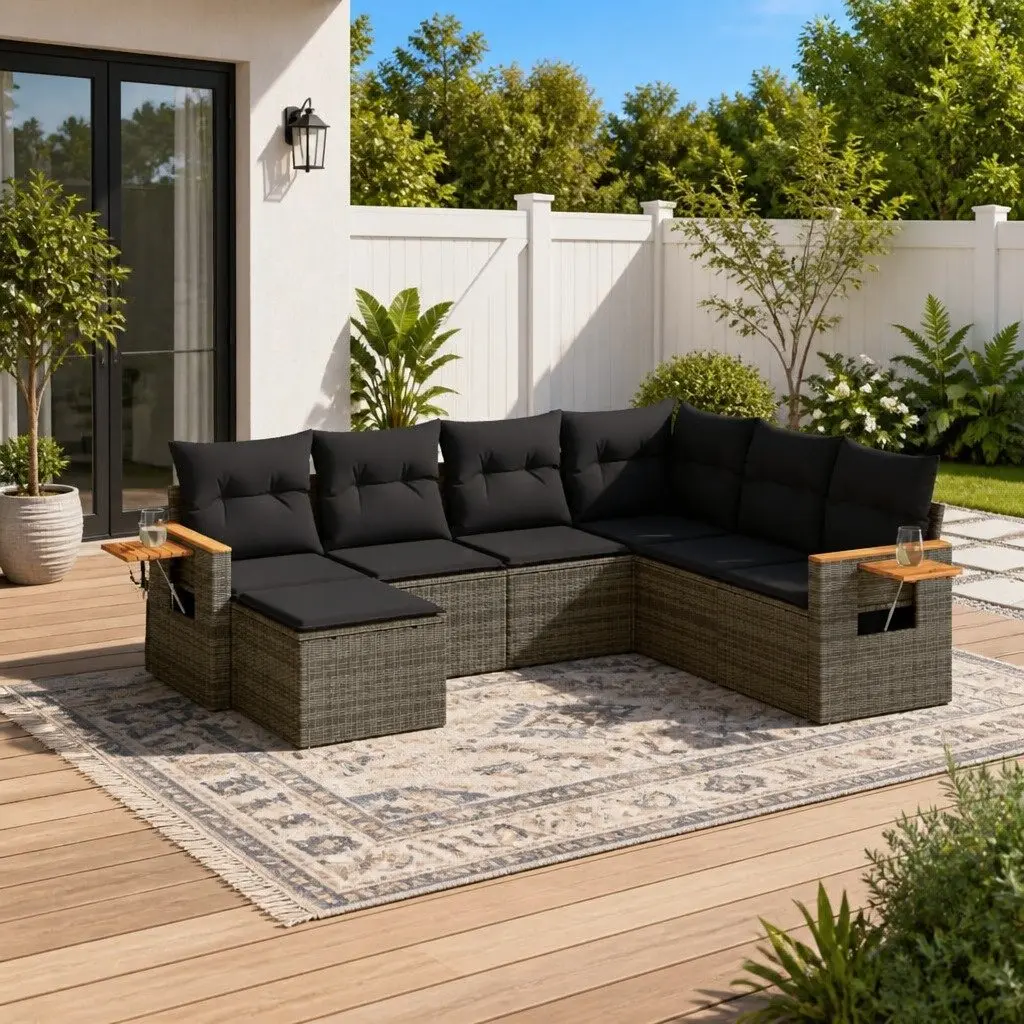 7 Piece Garden Sofa Set with Cushions Grey Outdoor Furniture Poly Rattan Patio