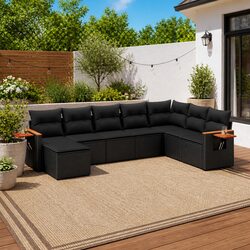 8 Piece Outdoor Garden Sofa Set with Cushions Black Poly Rattan Patio Furniture