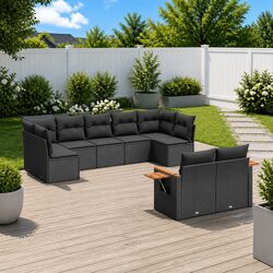 Garden Sofa Set 9 Piece Outdoor Patio Furniture with Cushions Black Poly Rattan