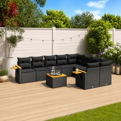 10 Piece Outdoor Garden Sofa Set Black Poly Rattan Patio Furniture with Cushions