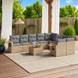 Garden Sofa Set 10 Piece Outdoor Furniture with Cushions Beige Poly Rattan