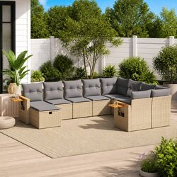 Garden Sofa Set 10 Piece Outdoor Furniture Beige Poly Rattan Patio Seating with