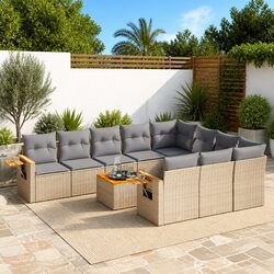 Garden Sofa Set 11 Piece Outdoor Furniture Patio Beige Poly Rattan with Cushions
