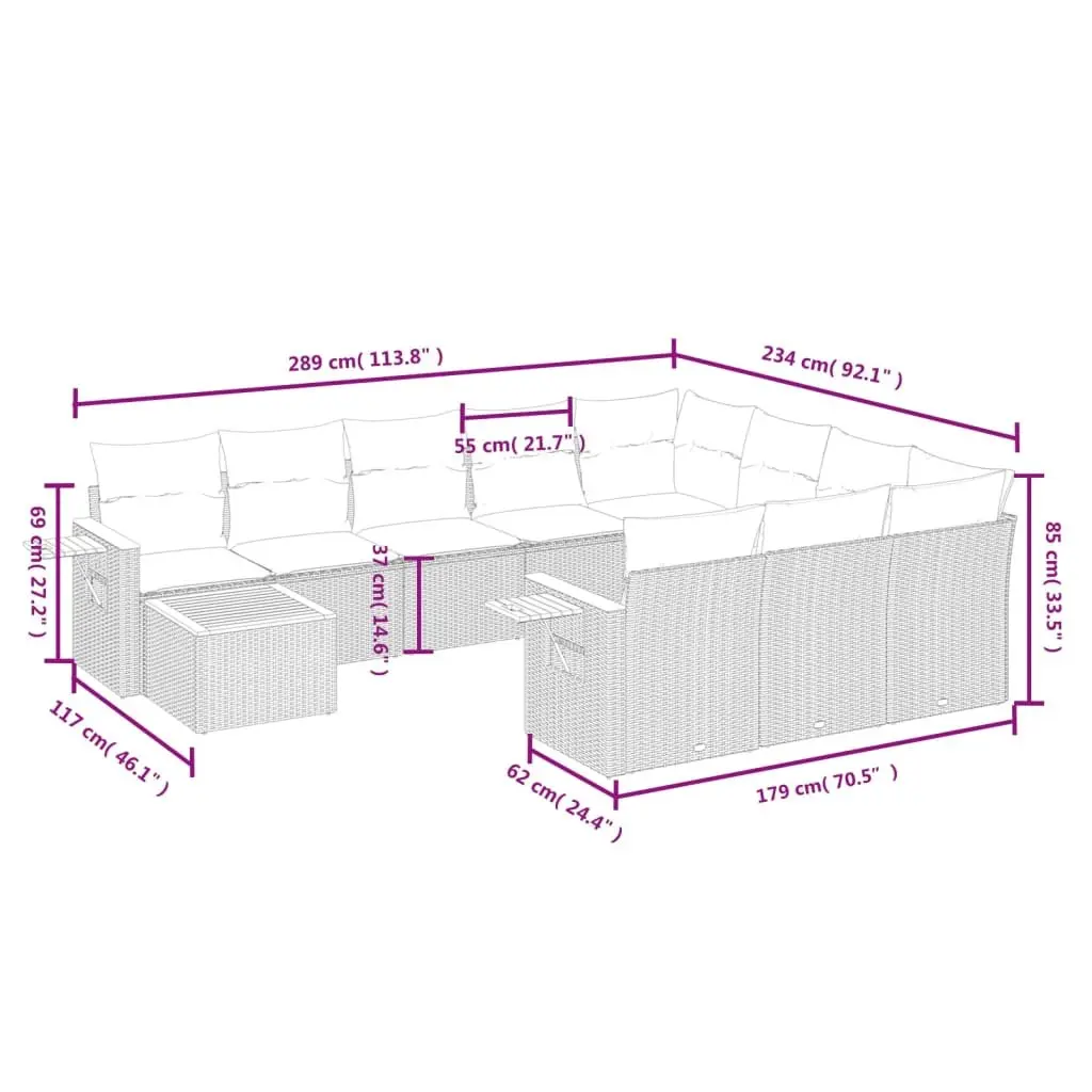11 Piece Garden Sofa Set with Cushions Grey Outdoor Furniture Patio Rattan