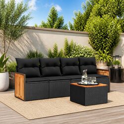 5 Piece Outdoor Garden Sofa Set Black Poly Rattan Patio Furniture with Cushions
