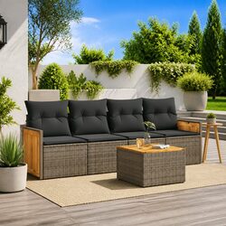 5 Piece Outdoor Garden Sofa Set with Cushions Grey Poly Rattan Patio Furniture
