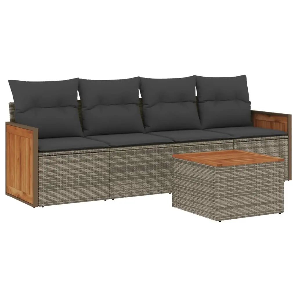 5 Piece Outdoor Garden Sofa Set with Cushions Grey Poly Rattan Patio Furniture