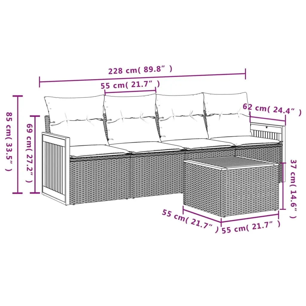 5 Piece Outdoor Garden Sofa Set with Cushions Grey Poly Rattan Patio Furniture
