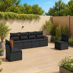 Garden Sofa Set 6 Piece Outdoor Furniture Black Poly Rattan with Cushions Patio