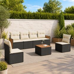 7 Piece Outdoor Garden Sofa Set with Cushions Black Rattan Patio Furniture