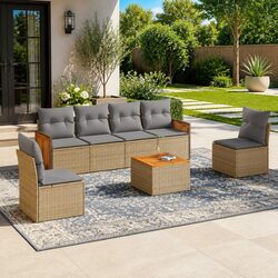 7 Piece Outdoor Garden Sofa Set with Cushions Beige Poly Rattan Patio Furniture
