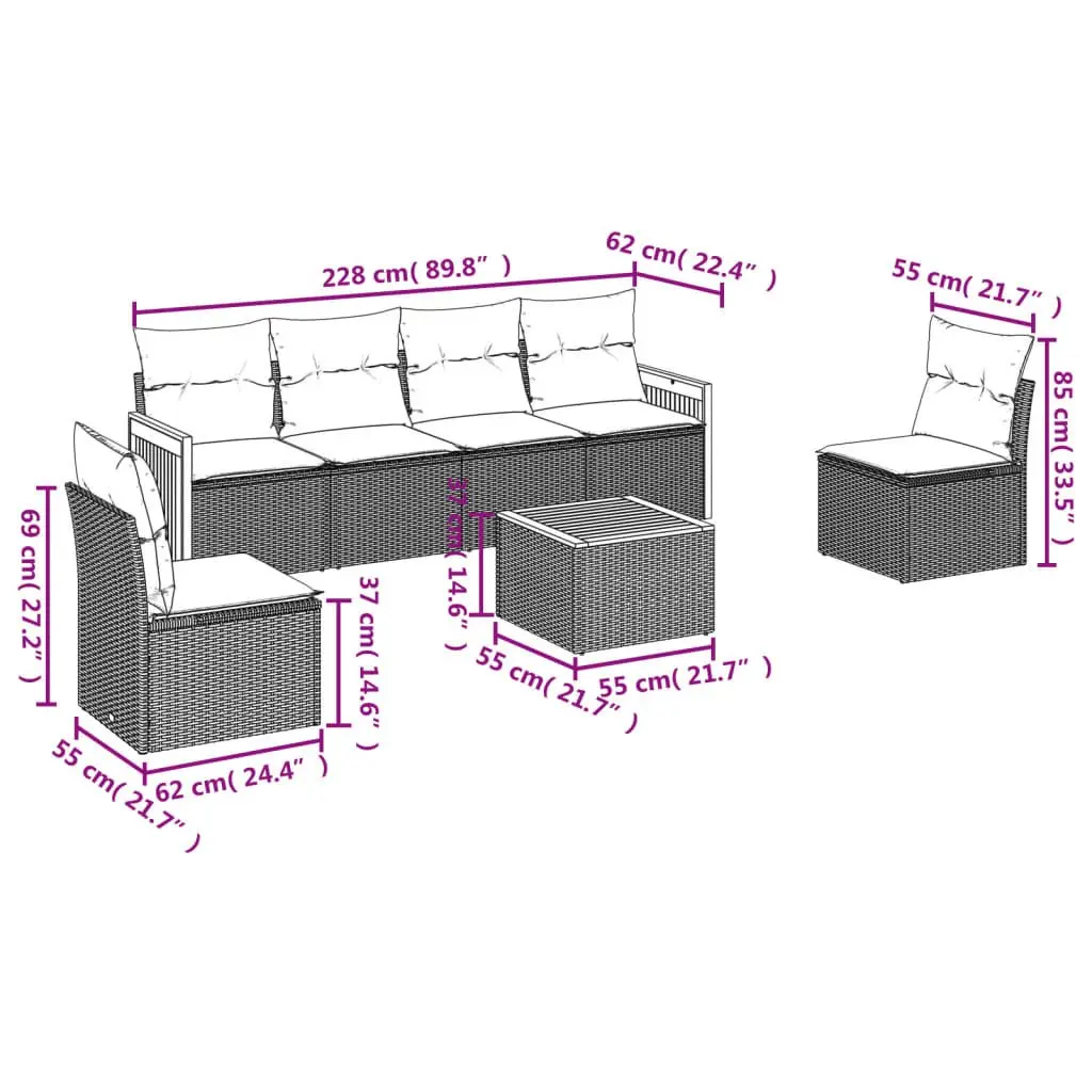 7 Piece Outdoor Garden Sofa Set with Cushions Beige Poly Rattan Patio Furniture