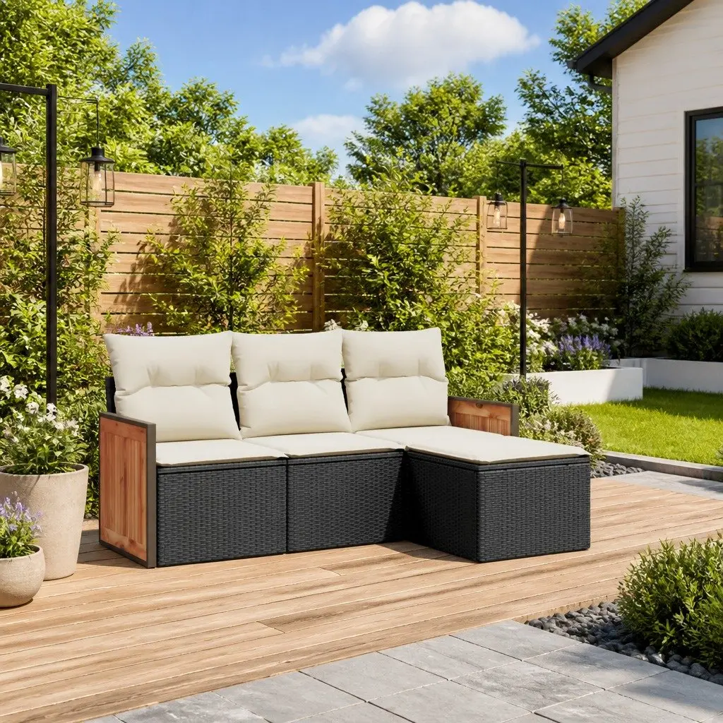 4-Piece Garden Sofa Set Outdoor Patio Furniture with Cushions Black Poly Rattan