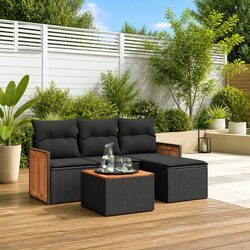 Garden Sofa Set 5 Piece Outdoor Patio Furniture with Cushions Black Rattan