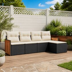 5 Piece Garden Sofa Set Black Poly Rattan Outdoor Furniture with Cushions Patio