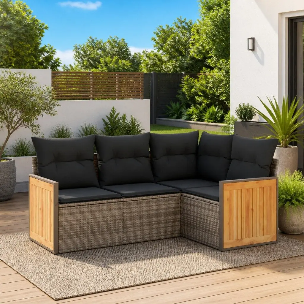 4 Piece Garden Sofa Set with Cushions Grey Poly Rattan Outdoor Furniture Patio