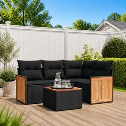 5 Piece Outdoor Garden Sofa Set Black Poly Rattan Patio Furniture with Cushions