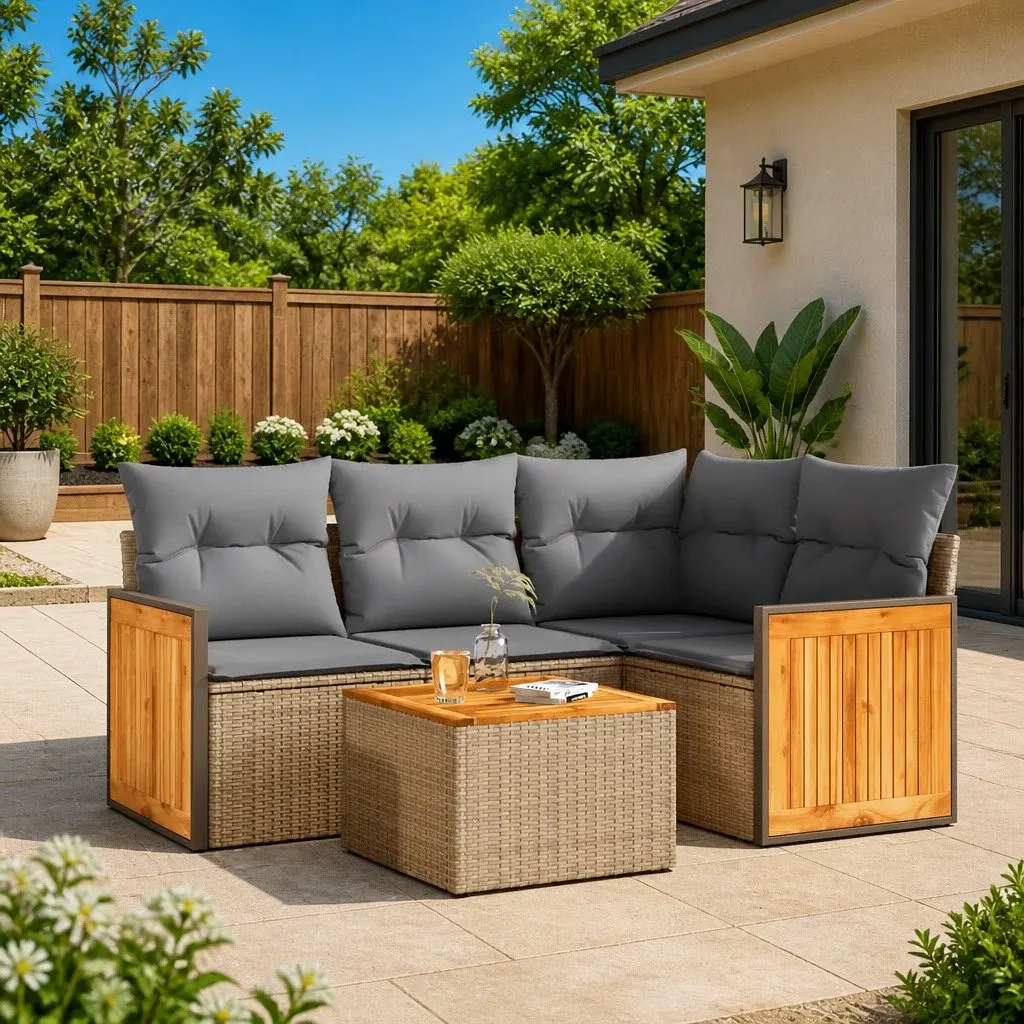 Garden Sofa Set 5 Piece Durable PE Rattan Beige with Cushions